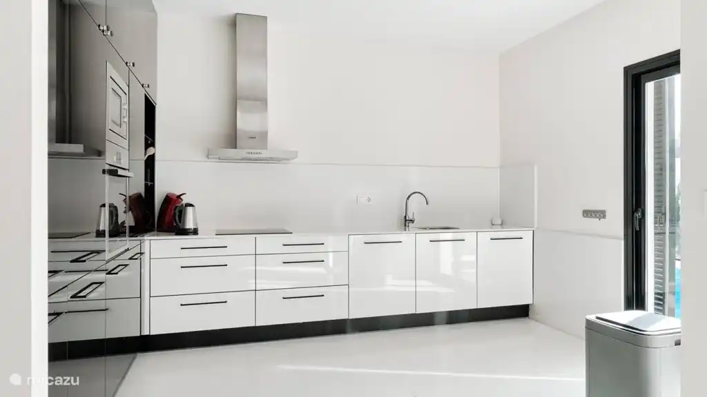 Het aanrechtblad met spoelbak, keramische kookplaat en afwasmachine.