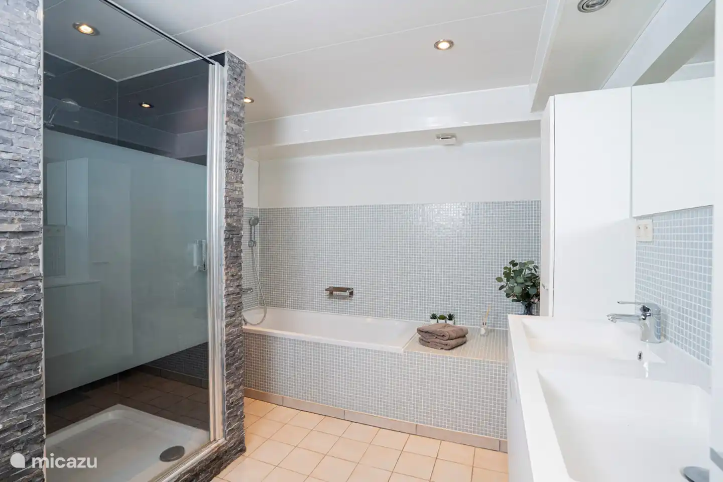 Dusche, Badewanne und Doppelwaschbecken