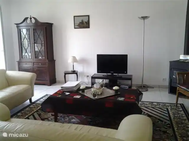 Dordoña, Villa Condat en Francia, Dordoña, Condat-sur-Trincou - casa vacacional La amplia sala de estar con la vitrina, la estufa de leña para primavera y otoño y el televisor de pantalla plana panorámica (120 cm de diagonal).