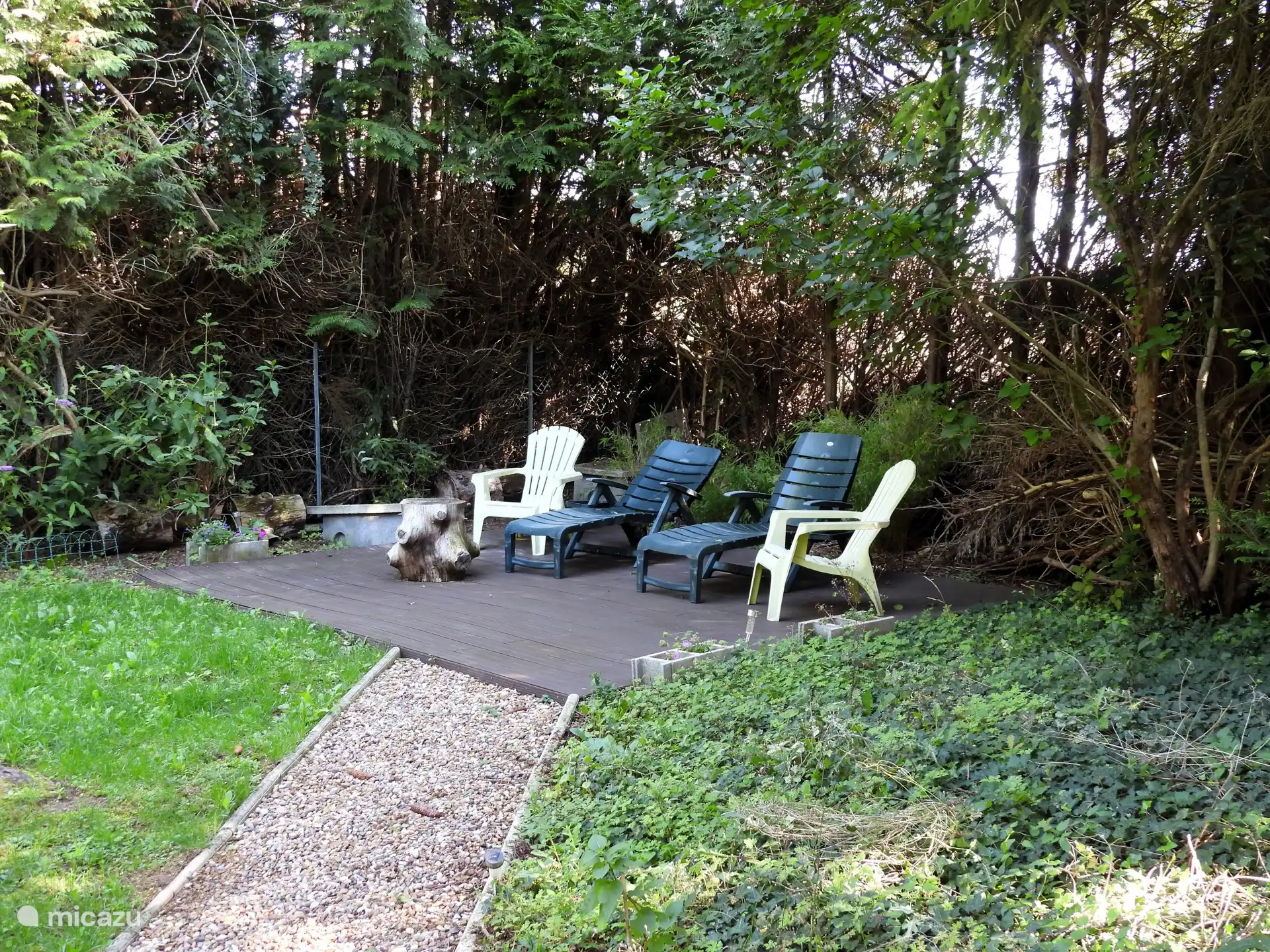 Terraza detrás de la casa. Disfruta del sol vespertino que contempla los árboles frutales.