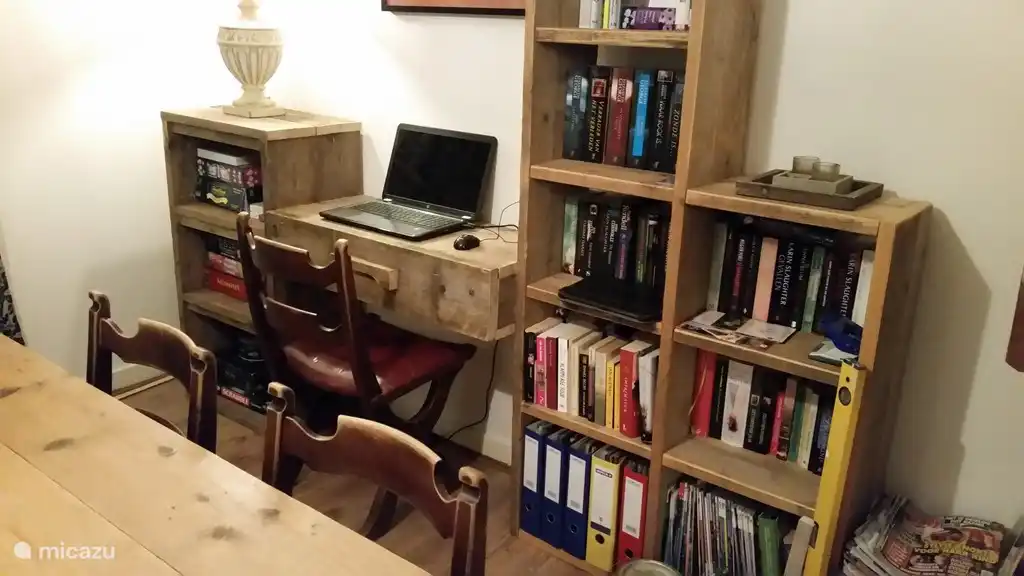 bibliothèque et armoire à jeux. Possibilité également de placer un ordinateur portable.