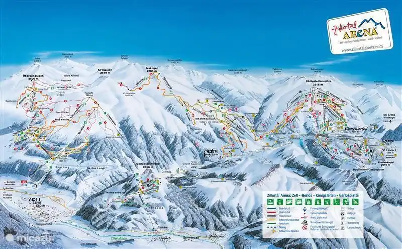 Pistenplan Zillertal Arena. 169 km Pisten um die Ecke, ist ein Kombi-Ticket mit der Wildkogel Arena kaufen möglich.