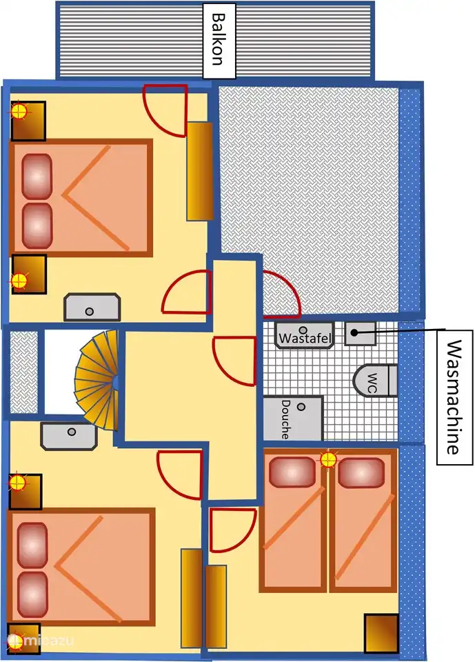 Es gibt 6 Schlafplätze im ersten Stock. Hier haben Sie auch ein zweites Badezimmer mit Waschmaschine für die Wäsche zwischendurch. Immer einfach.