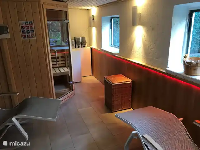 vakantiehuis huren in Duitsland, Nedersaksen, Itterbeck – Beltvilla 'Haus an der Heide' Saunaruimte met sfeerverlichting, radio/cd speler, ruilboeken en relaxstoelen