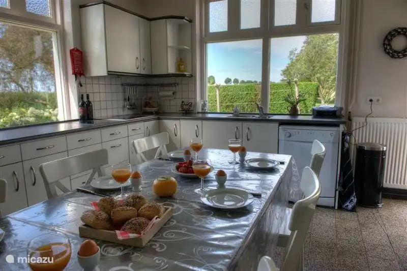 autre vue de la cuisine avec plaque vitrocéramique, hotte aspirante, lave-vaisselle