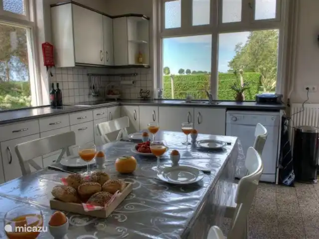 Hof Statendijk | Pays-Bas, Zélande, IJzendijke - ferme autre vue de la cuisine avec plaque vitrocéramique, hotte aspirante, lave-vaisselle
