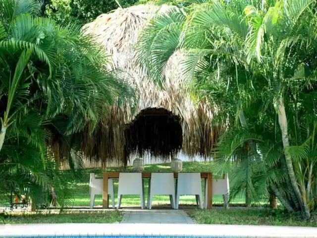 Villa tropicale | Curaçao, Curaçao-Centre, Julianadorp - villa La palapa (toit typique des Caraïbes fait de feuilles de palmier séchées) protège du soleil. Sous la palapa se trouve une grande table à manger avec cuisine extérieure.