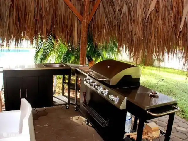 Villa tropicale | Curaçao, Curaçao-Centre, Julianadorp - villa Cuisine extérieure avec barbecue à gaz, brûleur supplémentaire, évier et plan de travail.