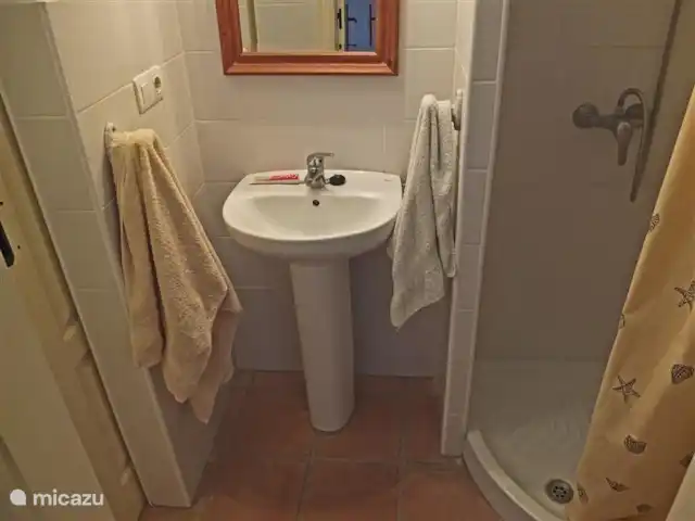 Panaderos huren in Spanje, Andalusië, Cómpeta - vakantiehuis Badkamer met wastafel en douche. Links is de schuifdeur naar het toilet.
