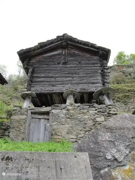 De oudste spycher van het dorp circa 400 jaar oud. Deze grenst aan ons terras bij de ingang van het huis.