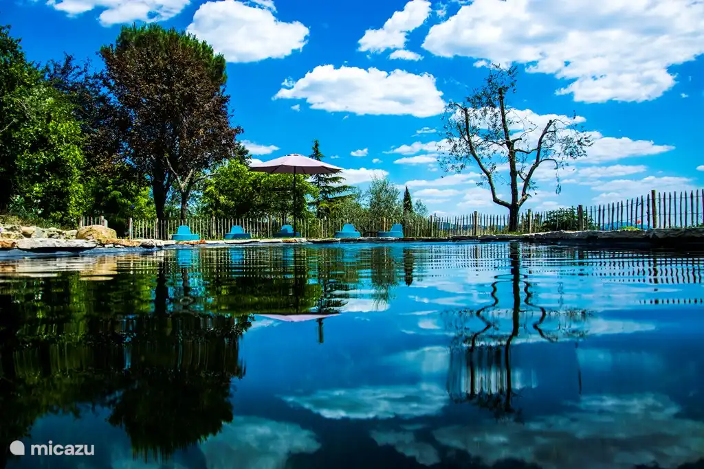 der Schwimmteich im Juni, mezzo giorno (mittags). Die Sonne steht bereits hoch, daher die Spiegelung der Umgebung und des Himmels im Wasser