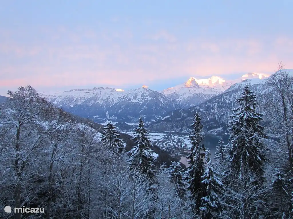Evening Mood with setting sun on the Eiger, Mönch and Jungfrau mountains from the balcony.