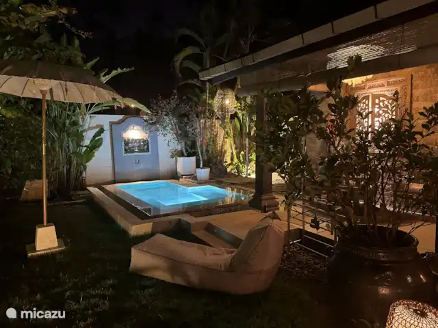 Villa Rumah Pantai No.14 huren in Indonesië, Bali, Jasri - villa Het zwembad by night, als je goed oplet dan zie je 's avonds onze gekko familie bij het beeld te voorschijn komen om muggen en andere insecten te vangen.