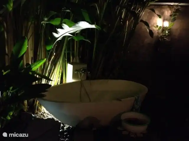 Villa Rumah Pantai No.14 huren in Indonesië, Bali, Jasri - villa De buitenbad van terrazzo by night