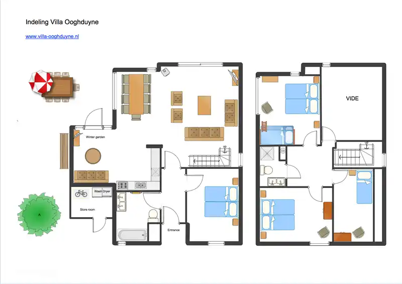 Carte Villa Ooghduyne. Très grand séjour, 4 chambres à 9 couchages, 2 salles de bains.