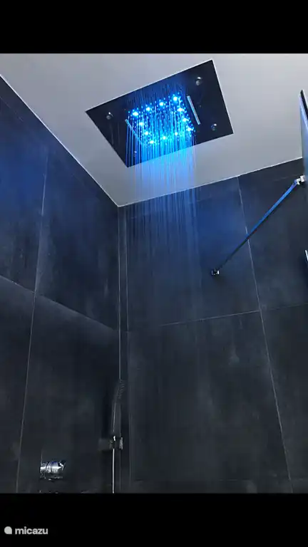 Tweede badkamer. Regendouche in plafond met een normale en een waterval functie.