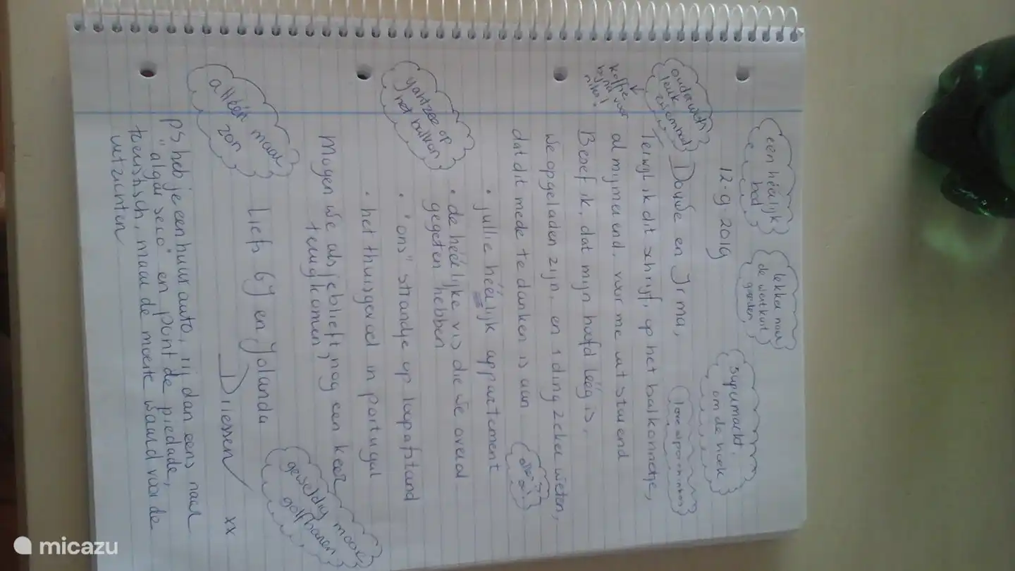 Dit stukje in ons Gastenboek lazen we toen we hier deze week (2019-10-01) aankwamen. Deze gasten hadden niet via Micazu geboekt, maar we vonden het zo leuk (daar word je toch blij van als je net 2500 km gereden hebt!) dat ik het op deze manier toevoeg. 