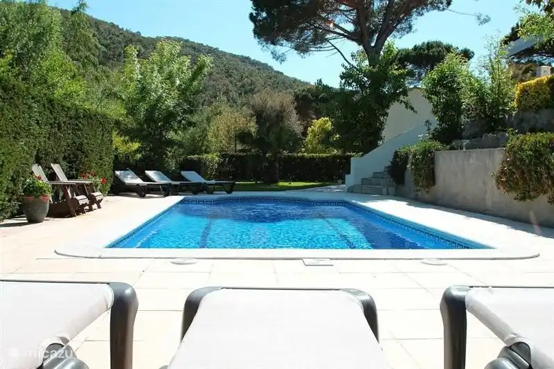 The pool where six chairs, a wooden bench and two parasols.