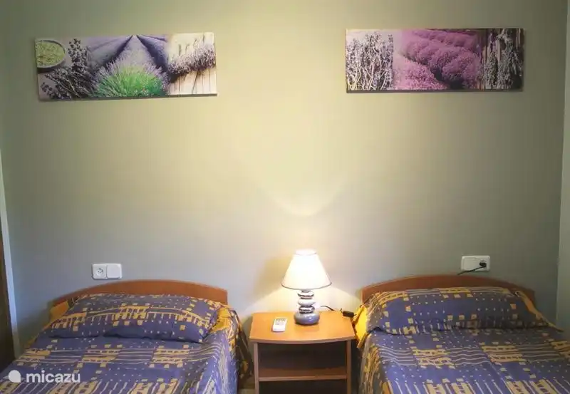 Bedroom with two single beds, also air conditioning.