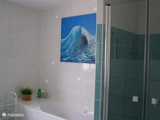 A l’étage bain/douche séparée, 2 lavabos avec éclairage, table mobile pour les articles de toilette, moustiquaire