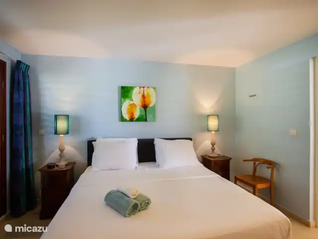 Villa frente al mar en el resort Boca Gentil en Curazao, Banda Arriba (este), Jan Thiel - villa Este es el segundo dormitorio con ducha separada. El dormitorio tiene vista al frente del jardín. La puerta de la habitación se abre al largo pasillo.