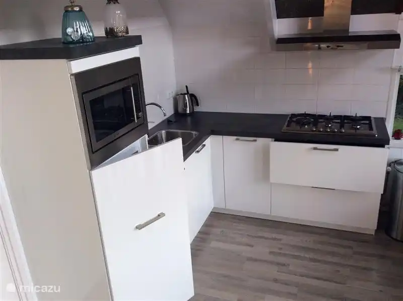 Küche mit Geschirrspüler, Kühlschrank, Herd und Kombi-Mikrowelle