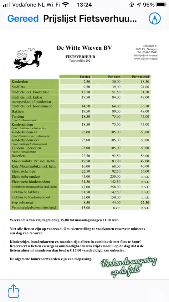 Dies ist die Mietpreisliste des Parks. Erkundigen Sie sich direkt bei uns als Vermieter nach sehr günstigen Mieträdern ab 25 € p.P. pro Person mit Gang.