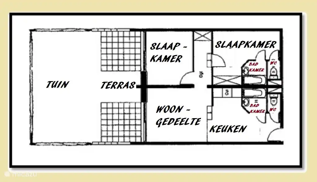 Überblick über das Layout der Wohnung. In der Küche ist ein Esstisch für sechs Personen vorhanden. Schlafen zwischen die Schlafzimmer 2 mal 2) und ein Schlafsofa für 2 im Wohnbereich aufgeteilt. Teil des Sofas können wahlweise im Schlafzimmer 2 platziert werden.
