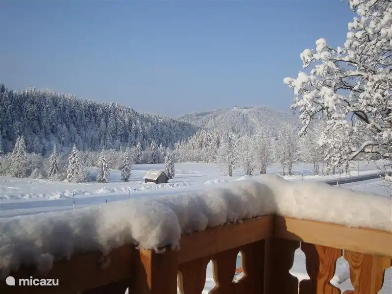 La vista desde el balcón a la derecha donde se ve el Rittisberg donde se puede esquiar.