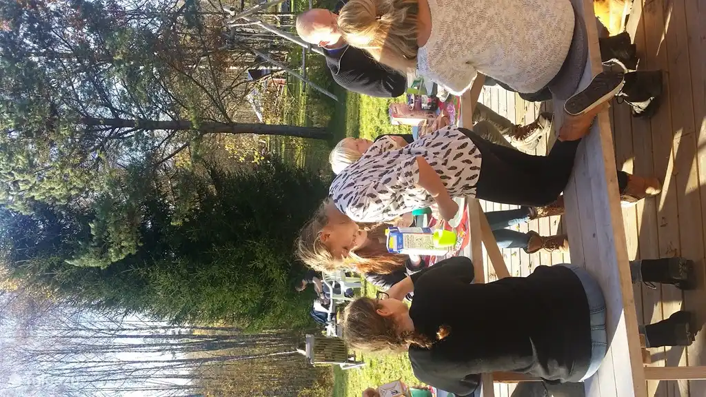 Having a nice lunch together in October. Great climate.