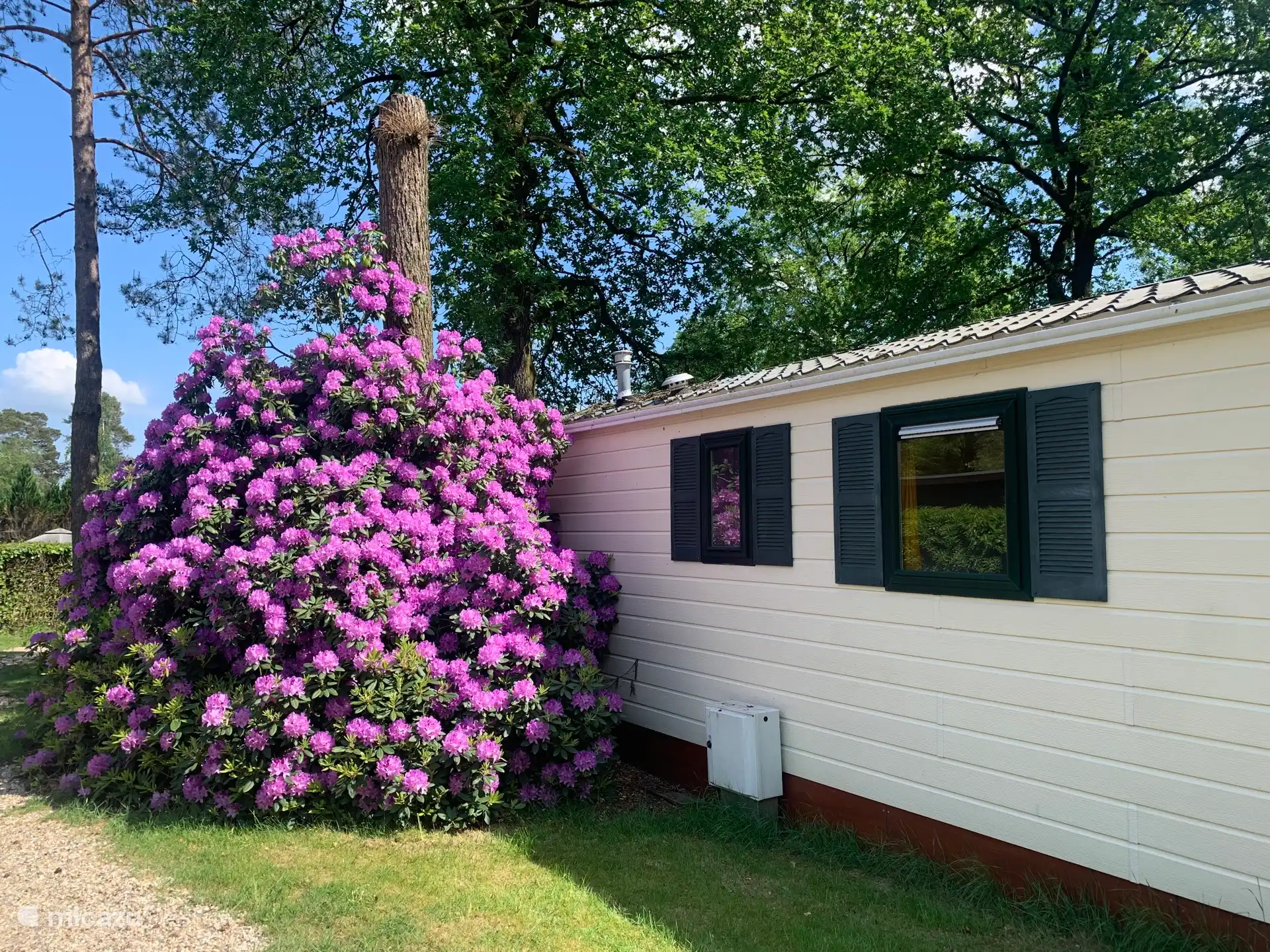 De voorkant van het chalet. 
Achterkant met veranda en tuin met schuurtje