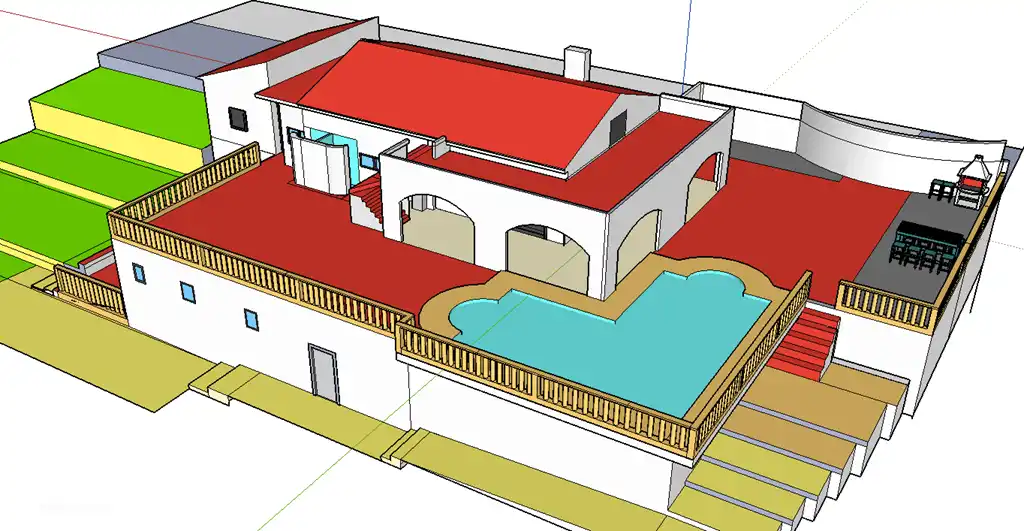 Google skizzieren Layout Villa von Süden. Rechts der Grill und davor der Grill / Stehtisch.