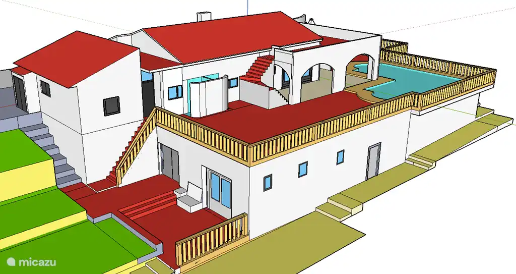 Google skizziert das Layout der Villa von Südwesten. Wohnung im Erdgeschoss rechts, Eingang durch Flügeltüren. Wohnung über eine Treppe von der Westterrasse erreichbar. Außenwohnung und Sonnenterrasse auf einer Ebene.