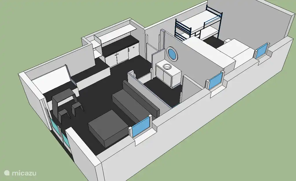 Google-Skizze-up-Übersicht Wohnung. Der Eingang links.