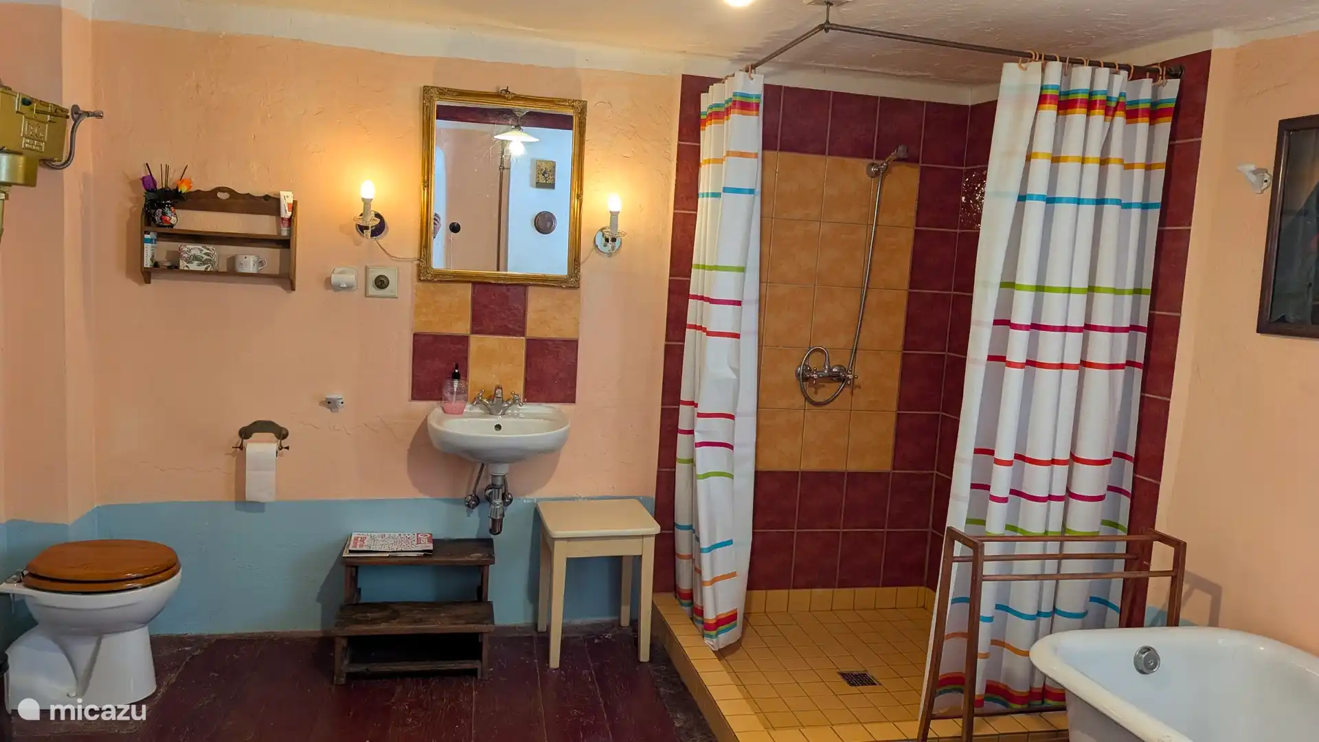 Tweede badkamer  met een grote douch, toilet, wastafel en een antieke badkuip.