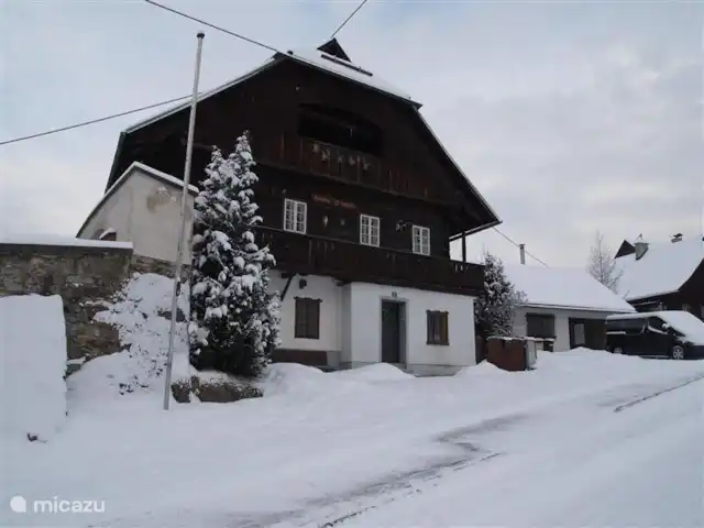 Alpentraum | Autriche, Carinthie, Kaning (Radenthein) - appartement La maison en hiver. Nettoyaient déjà la route à ce moment-là. Il ne faudra pas une heure pour que la route soit dégagée.
