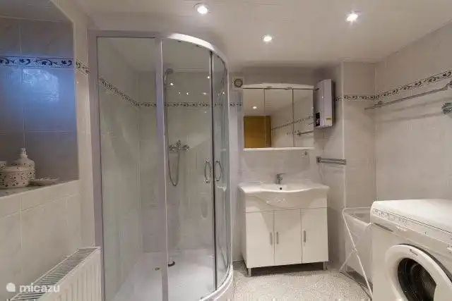 Badezimmer im Erdgeschoss mit Waschmaschine.