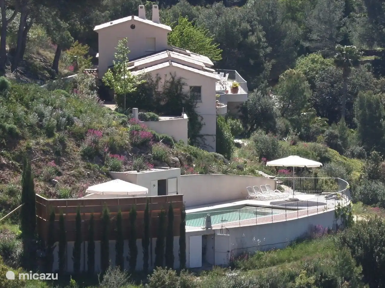 Het zwembad ligt naast de villa.