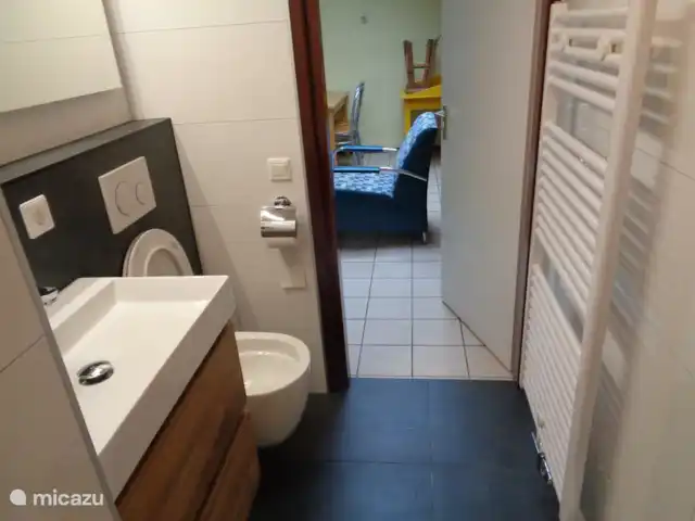 bungalow huren in Nederland, Gelderland, Hummelo – Hessenhuisje De nieuwe badkamer met een doorkijkje naar de zitkamer