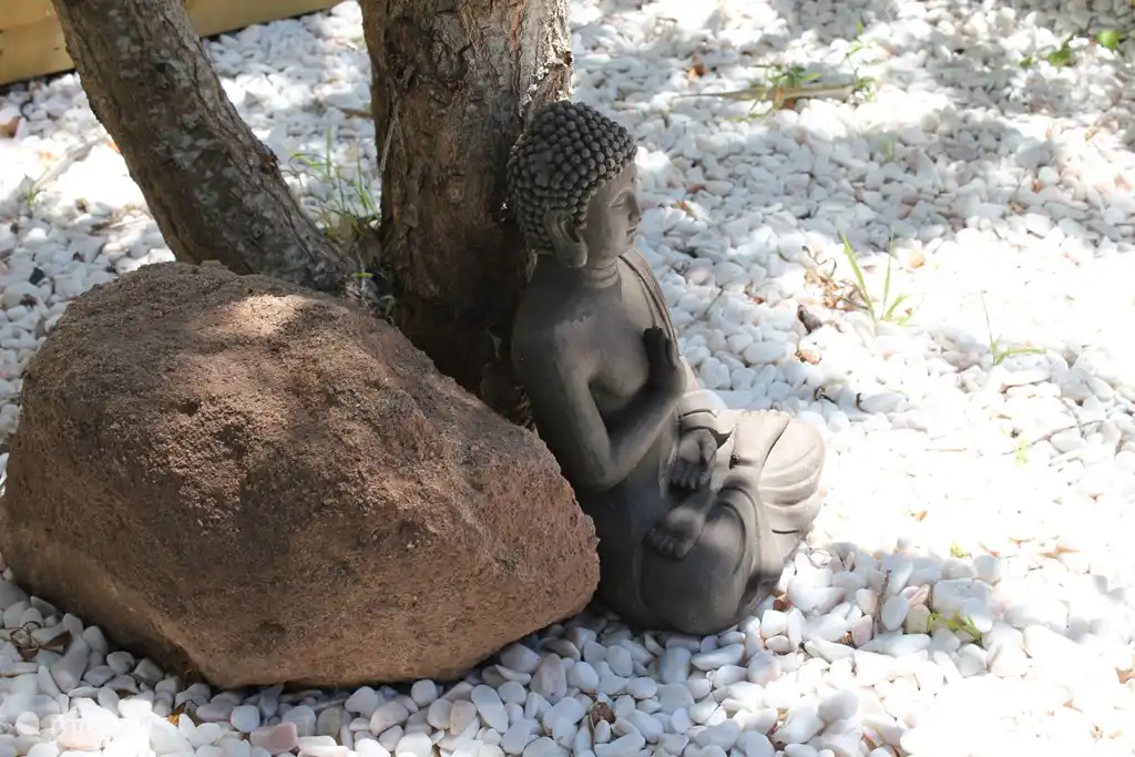 Buddha statue, detail from zengarden behind safari tent Casa de Cha.