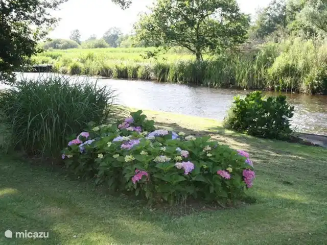 Dwarsgracht 39 en Países Bajos, Overijssel, Giethoorn - casa de campo Vista desde la cocina y la sala de estar al jardín, al canal y al Parque Nacional Weerribben-Wieden. Desde el jardín puede subirse a su barco (alquilado) para disfrutar del agua y visitar Giethoorn y sus alrededores. También se puede disfrutar del ciclismo y el senderismo y se alquilan canoas.