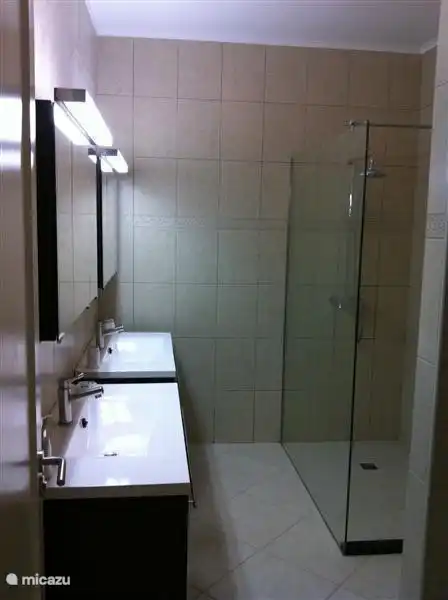 Badezimmer mit Dusche und zwei Waschbecken Kombinationen.