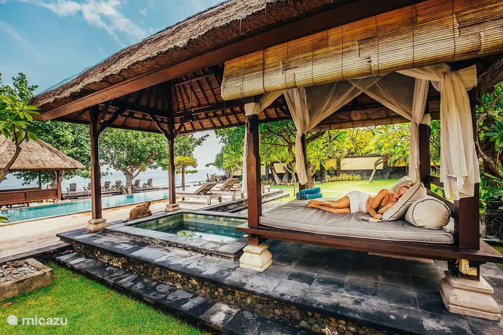 The Gazebo overlooking the jacuzzi, pool and sea.