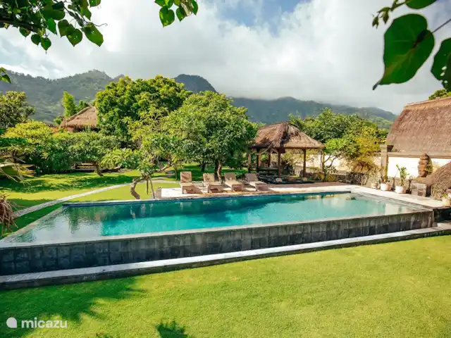 Location de Vacances Indonésie, Bali, Pemuteran, villa - Villa Sémadhi Piscine 14 x 4 du beau jardin avec de grands arbres vous pouvez voir les montagnes en arrière-plan