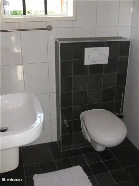 Badkamer met wastafel, douche en toilet. Voorzien van vloerverwarming.