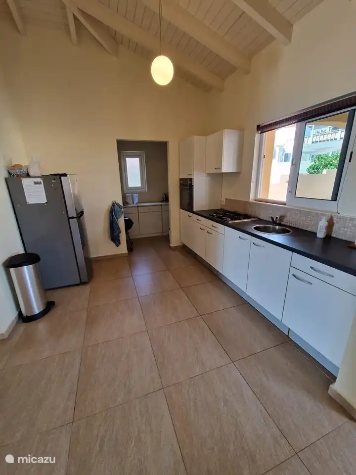 cuisine avec four, micro-ondes, réfrigérateur.