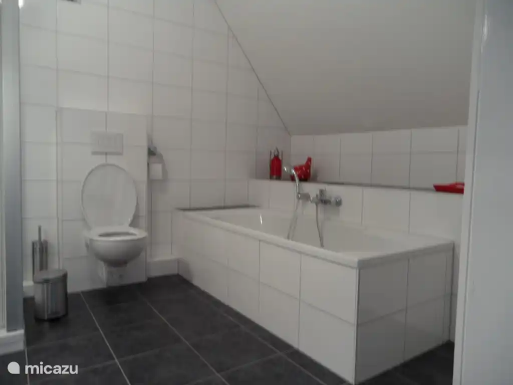 El ba&#241;o en el segundo piso tiene ba&#241;era, ducha, inodoro y lavabo doble.