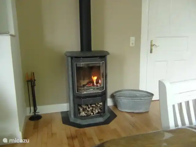 Calor acogedor de la estufa de le&#241;a de esteatita. La madera es gratis.