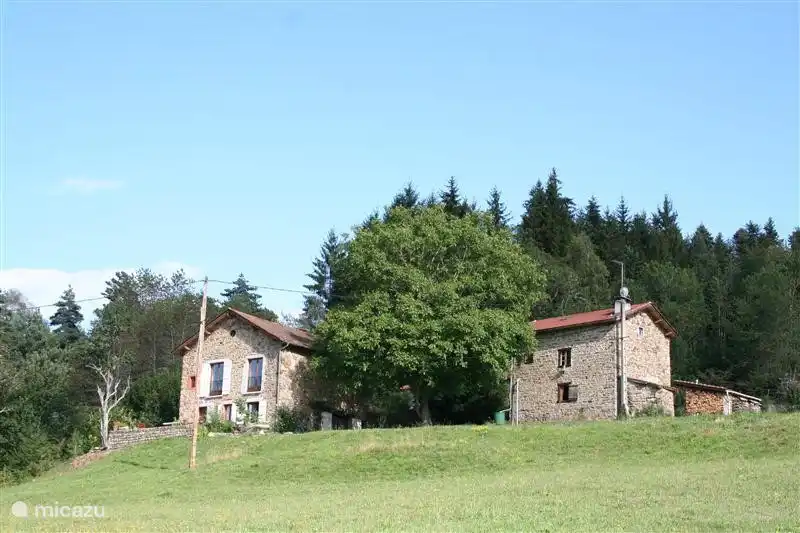 Zicht op uw vakantiehuis vanaf het weiland. Links uw huis, rechts mijn huisje, dat ligt wat dichter bij de weg. Daardoor hebt u rond het huis volledige privacy. 