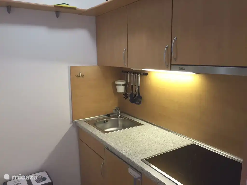 Kitchen with ample cupboard and sink, sink with sink. Extensive set of kitchen utensils etc. The built-in refrigerator has a small freezer compartment. 2nd refrigerator available. Microwave and Senseo coffeemaker. Recent hood built-in, a (loose) oven and a built-in ceramic (4-burner) hob!